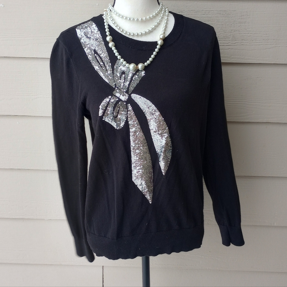 DKNY Black & Silver Sequin Ribbon Bow Sweater